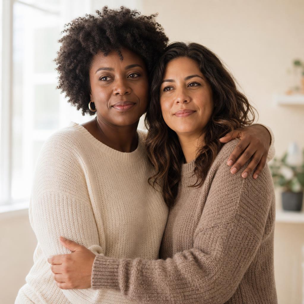 Two women embracing in a moment of support.