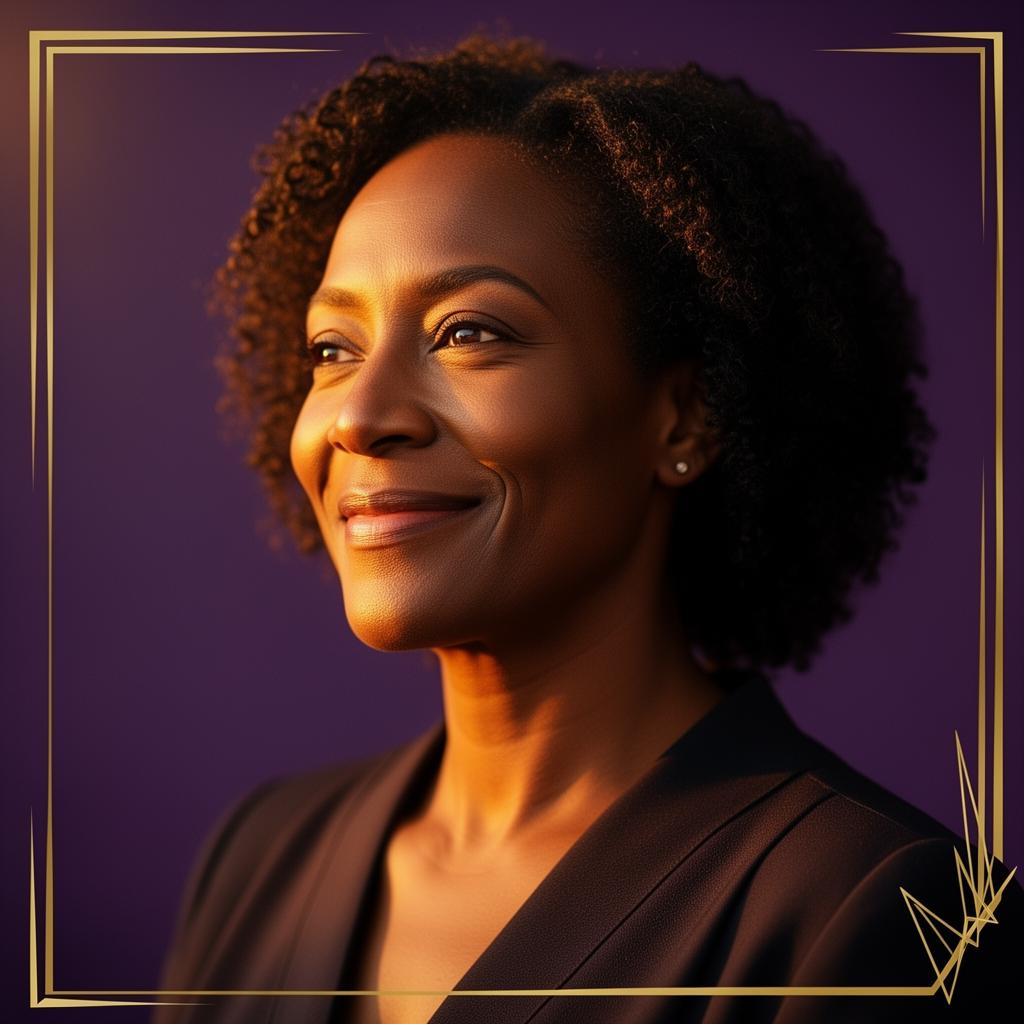 Portrait of a woman in our community, softly lit against deep purple.
