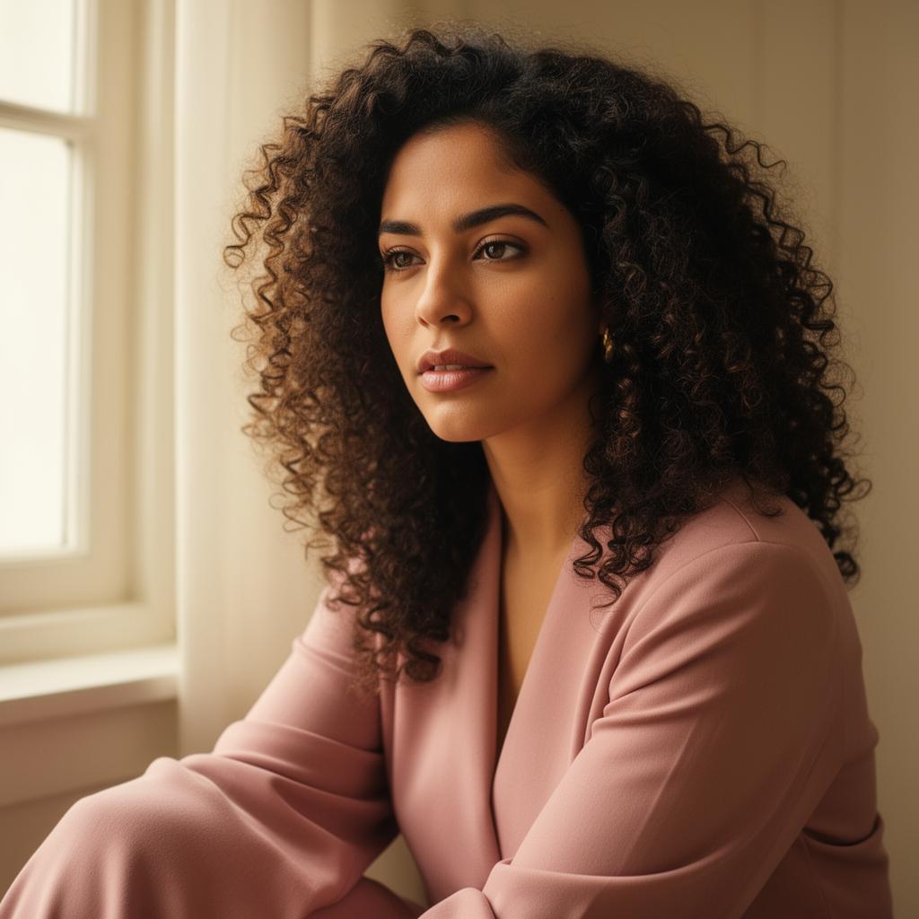Portrait of a woman by a sunlit window, in soft pink tones.