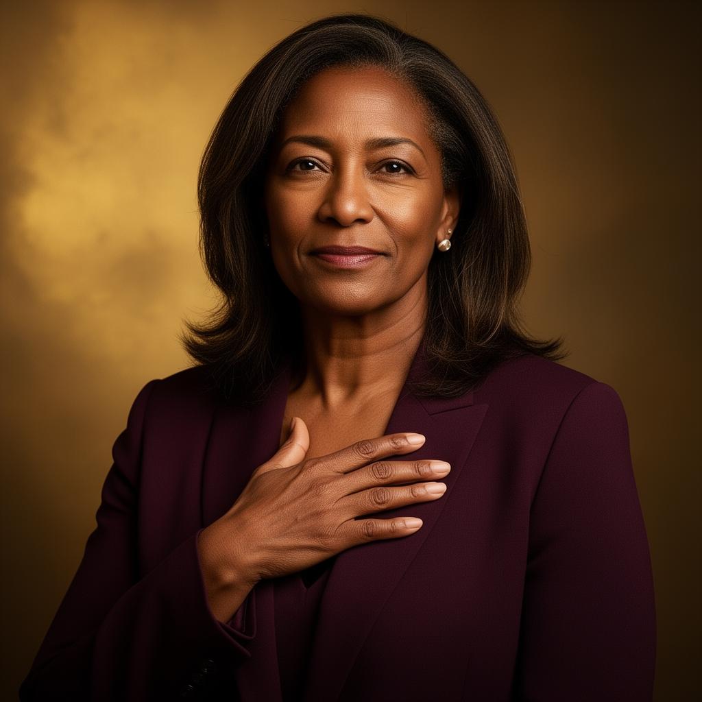 Portrait of a woman with hand on heart, in deep plum tones.