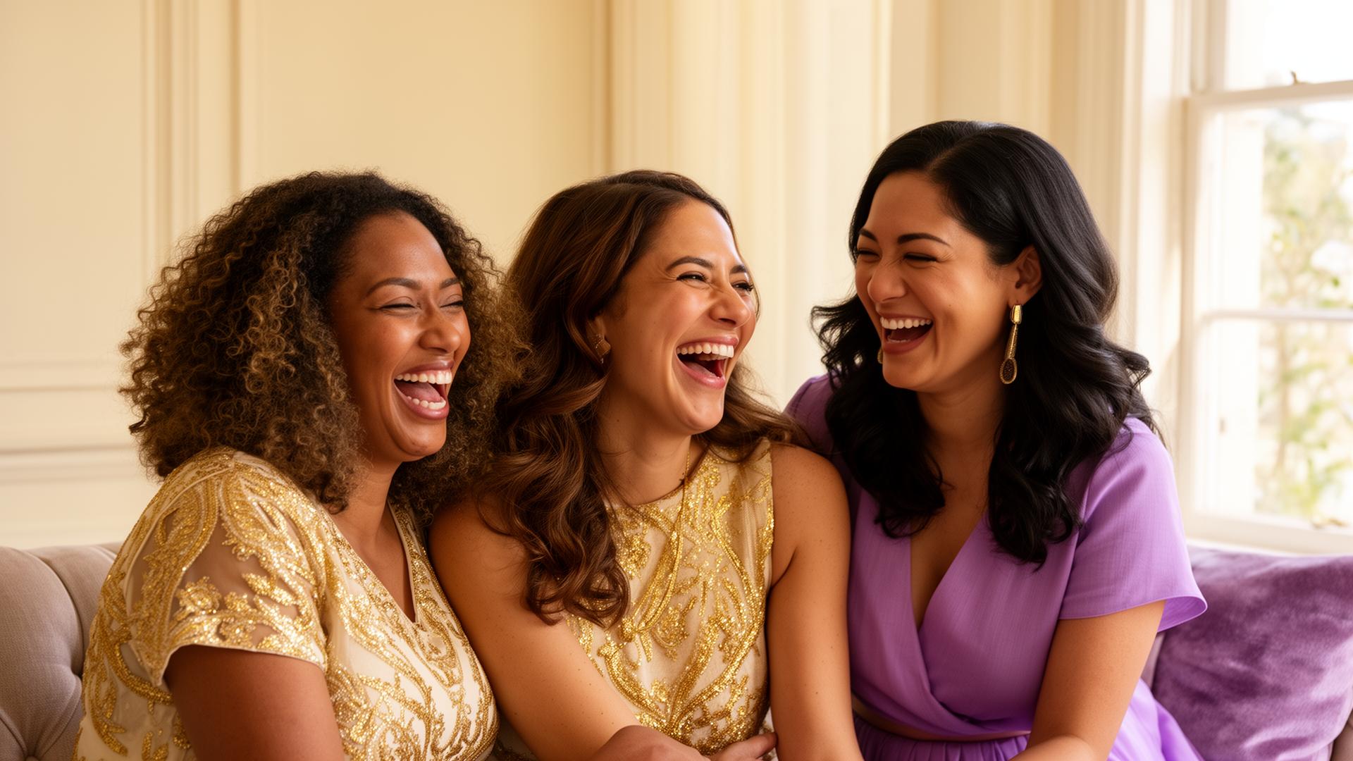 Three women laughing together in warm sunlight.